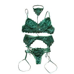 New Sexy Lace Lingerie 3 Piece Bra Panties Garter Belt Choker Set in Dark Green